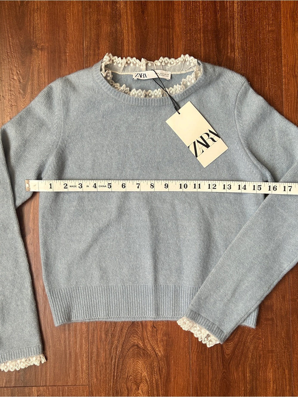 ZARA Pale Blue Crewneck Sweater with Lace Trim